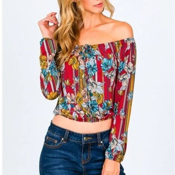 Day G Tops - DAY G OFF THE SHOULDER FLORAL CROP TOP